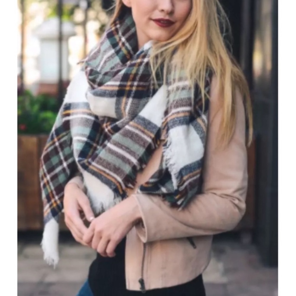 SOLD OUT Brown White Mint Frayed Hem Blanket Scarf - Picture 1 of 3